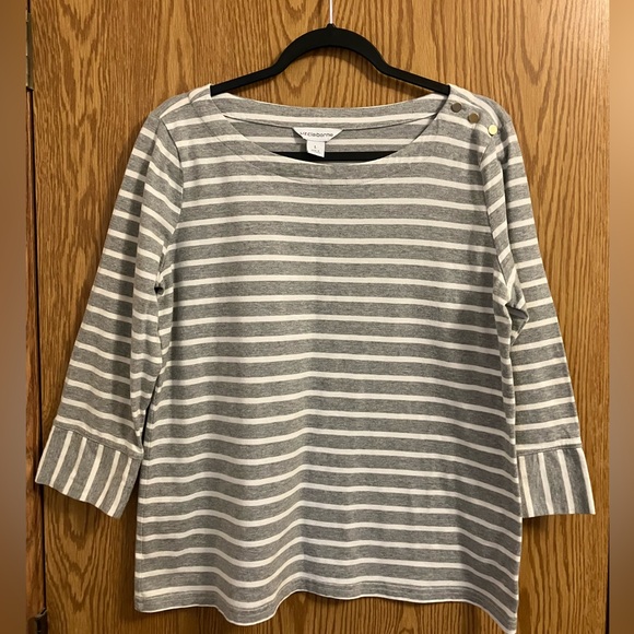 Liz Claiborne Tops - Liz Claiborne Gray and White Striped 3/4 length sleeve Gold Button Accents